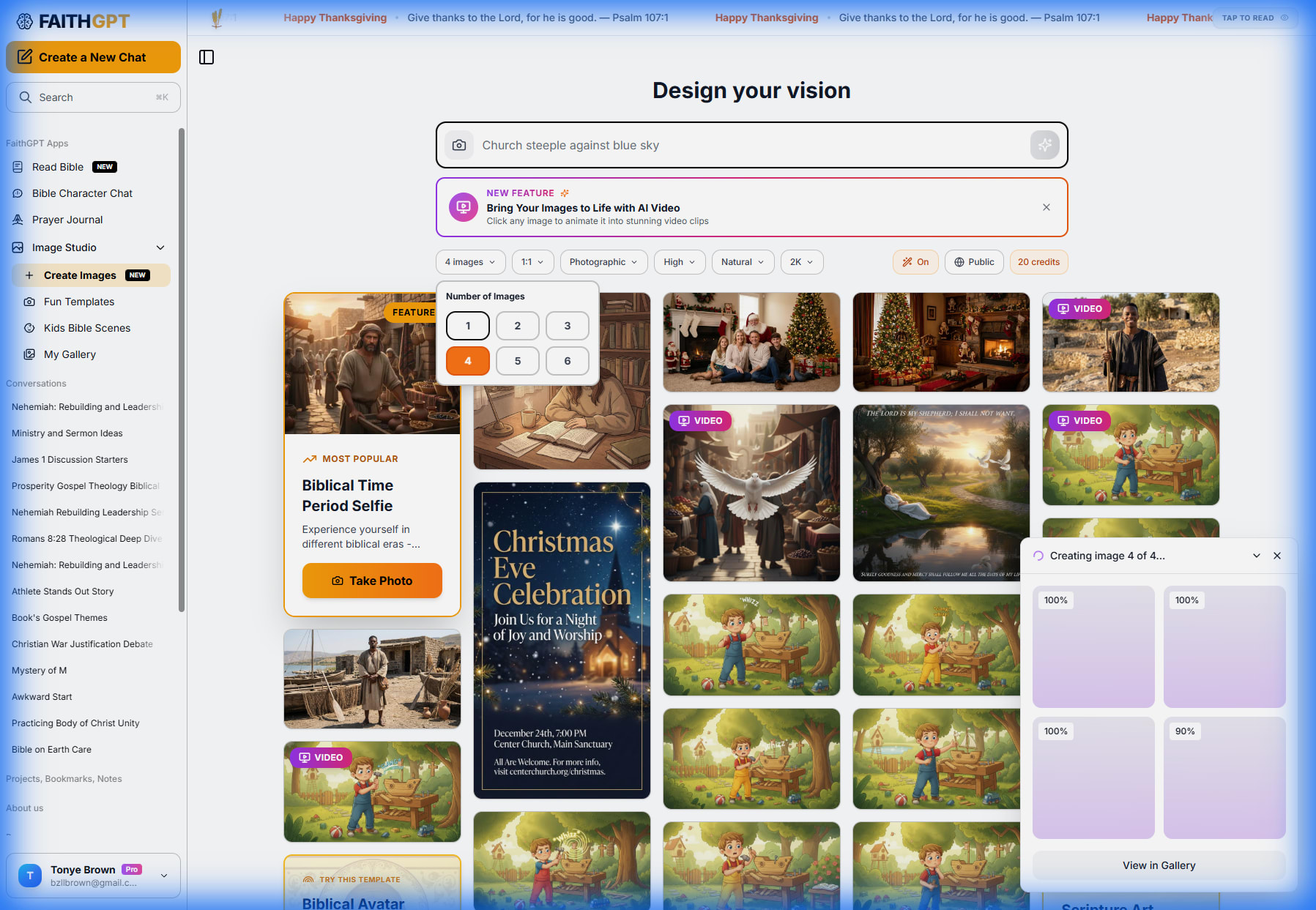 FaithGPT Image Studio interface showing prompt input