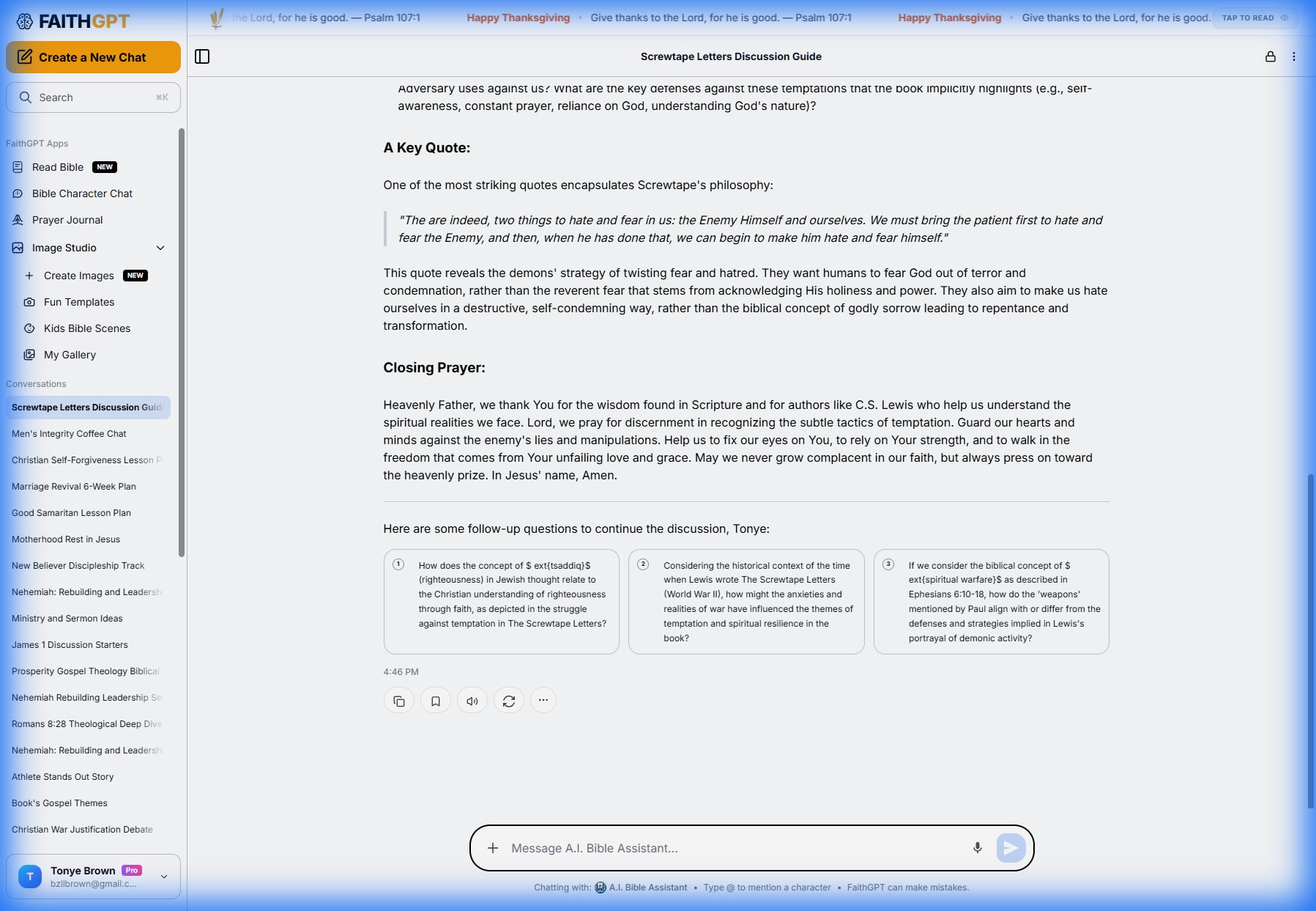 FaithGPT generating a discussion guide for The Screwtape Letters