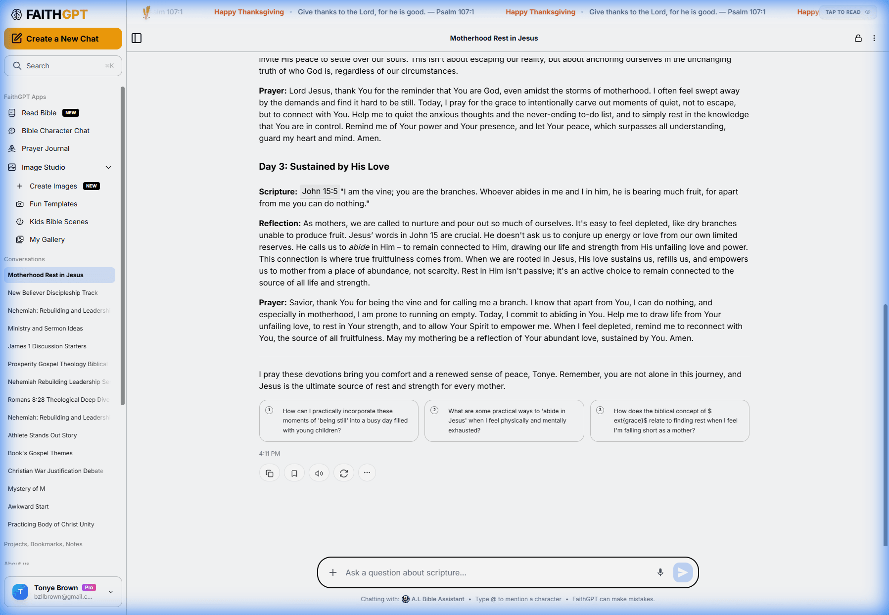 FaithGPT generating a 3-day devotional for moms