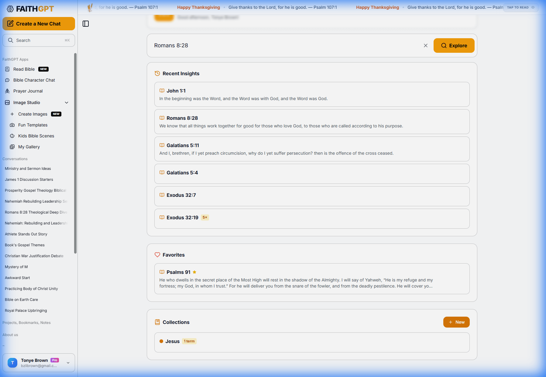 Chat interface discussing Greek theology in Romans 8:28