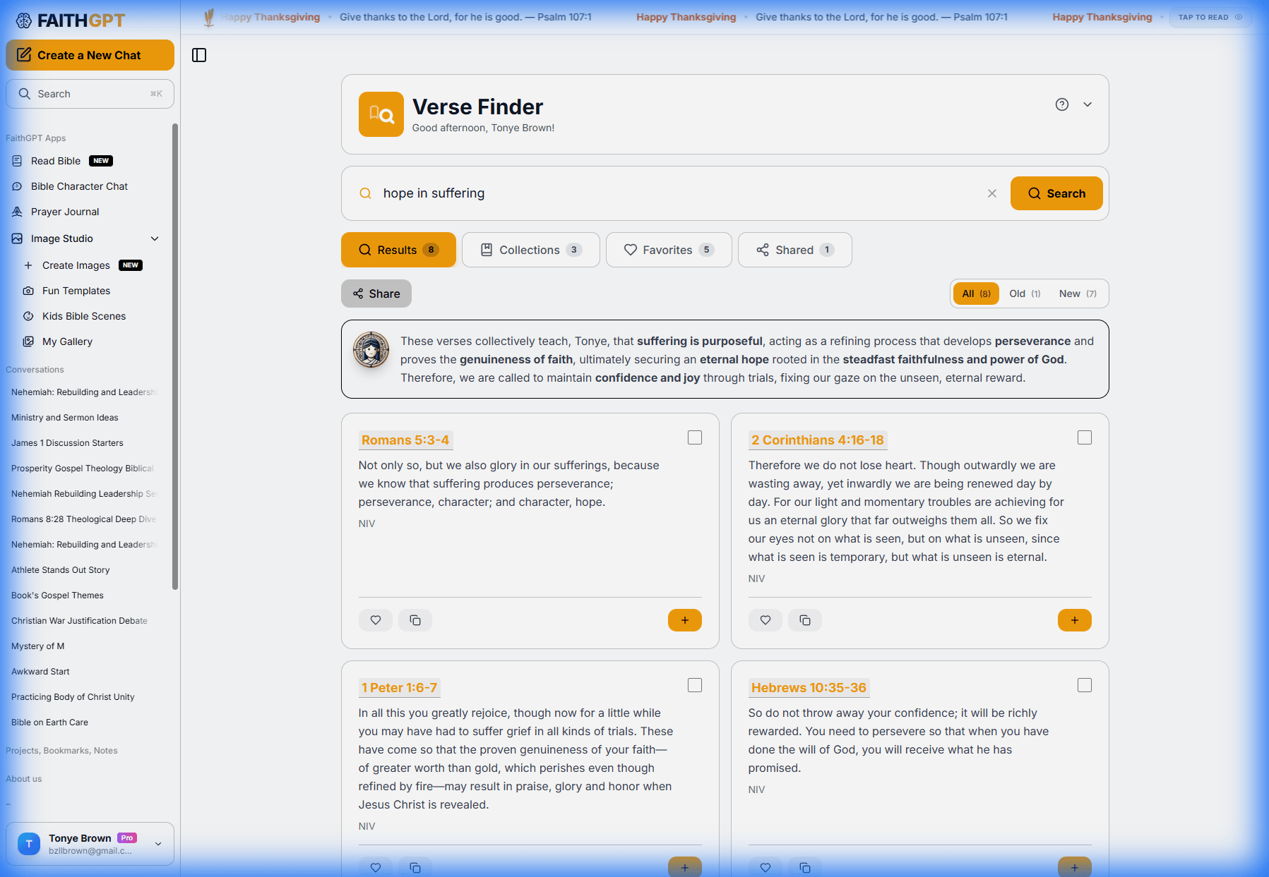 FaithGPT Verse Finder search results for 'hope in suffering'