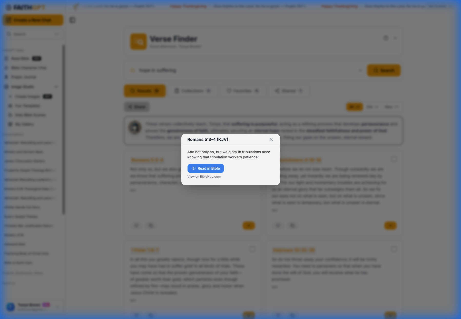 Detailed view of Romans 5:3-4 showing context and cross-references