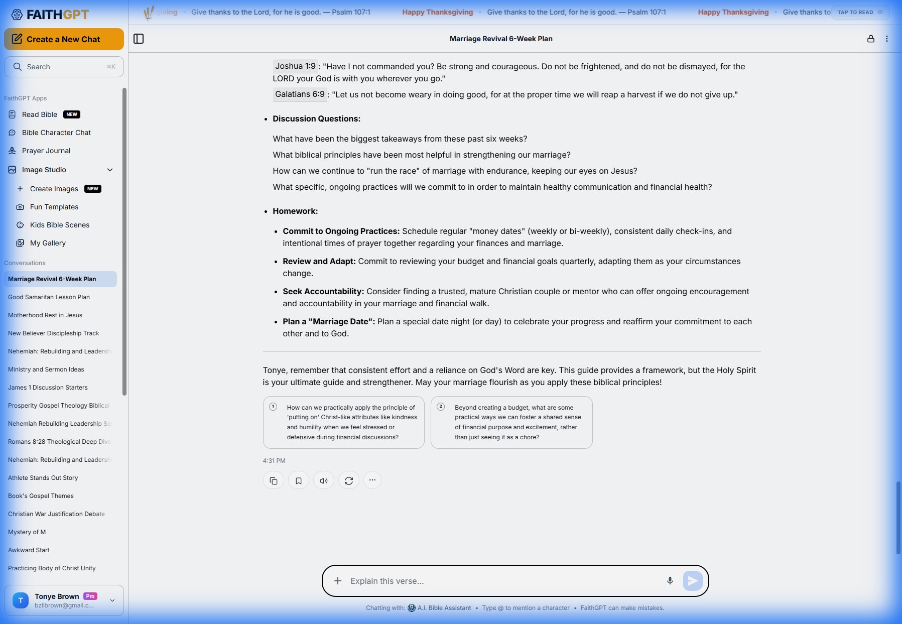 FaithGPT generating a 6-week marriage counseling guide