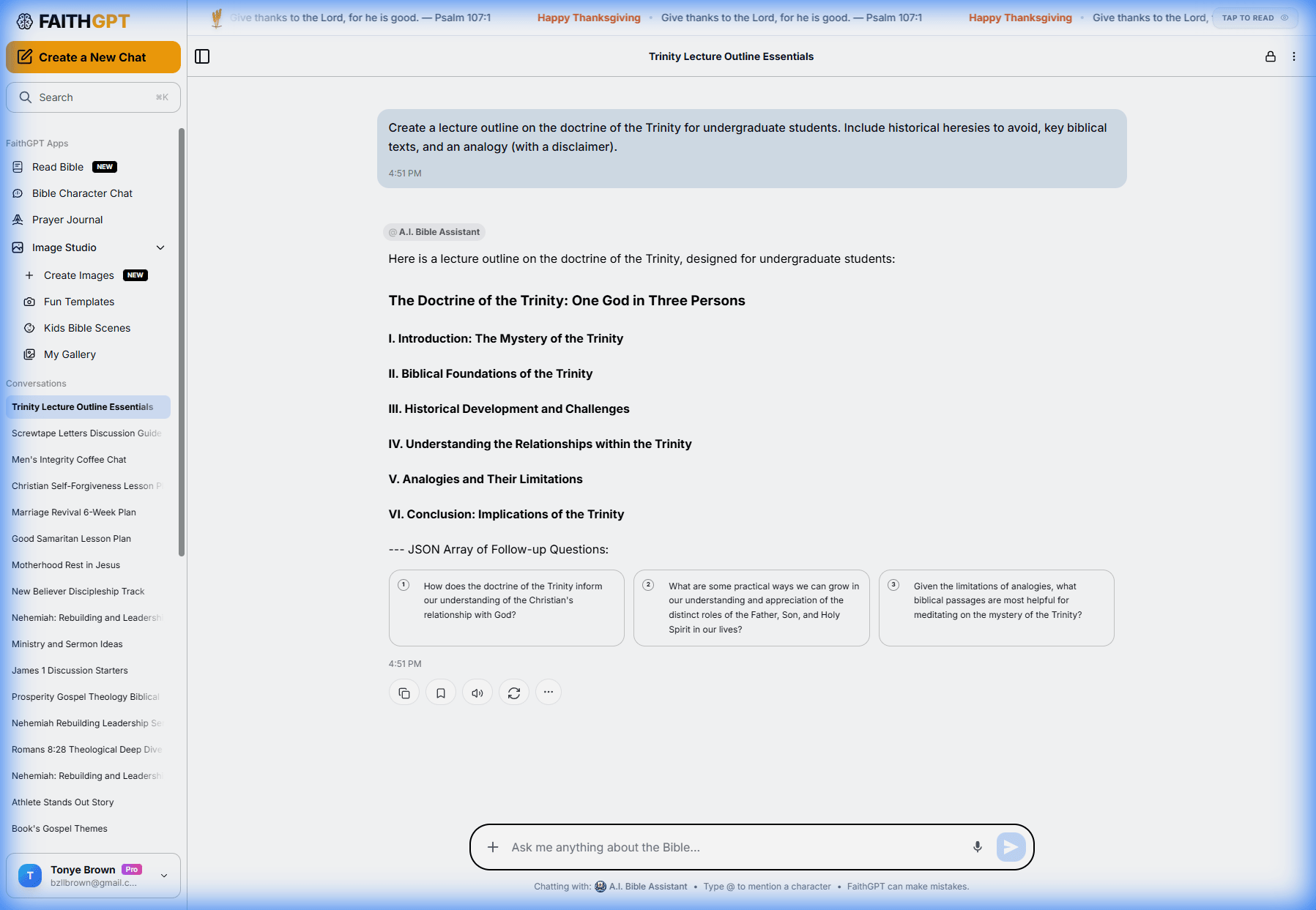FaithGPT generating a lecture outline on the Trinity