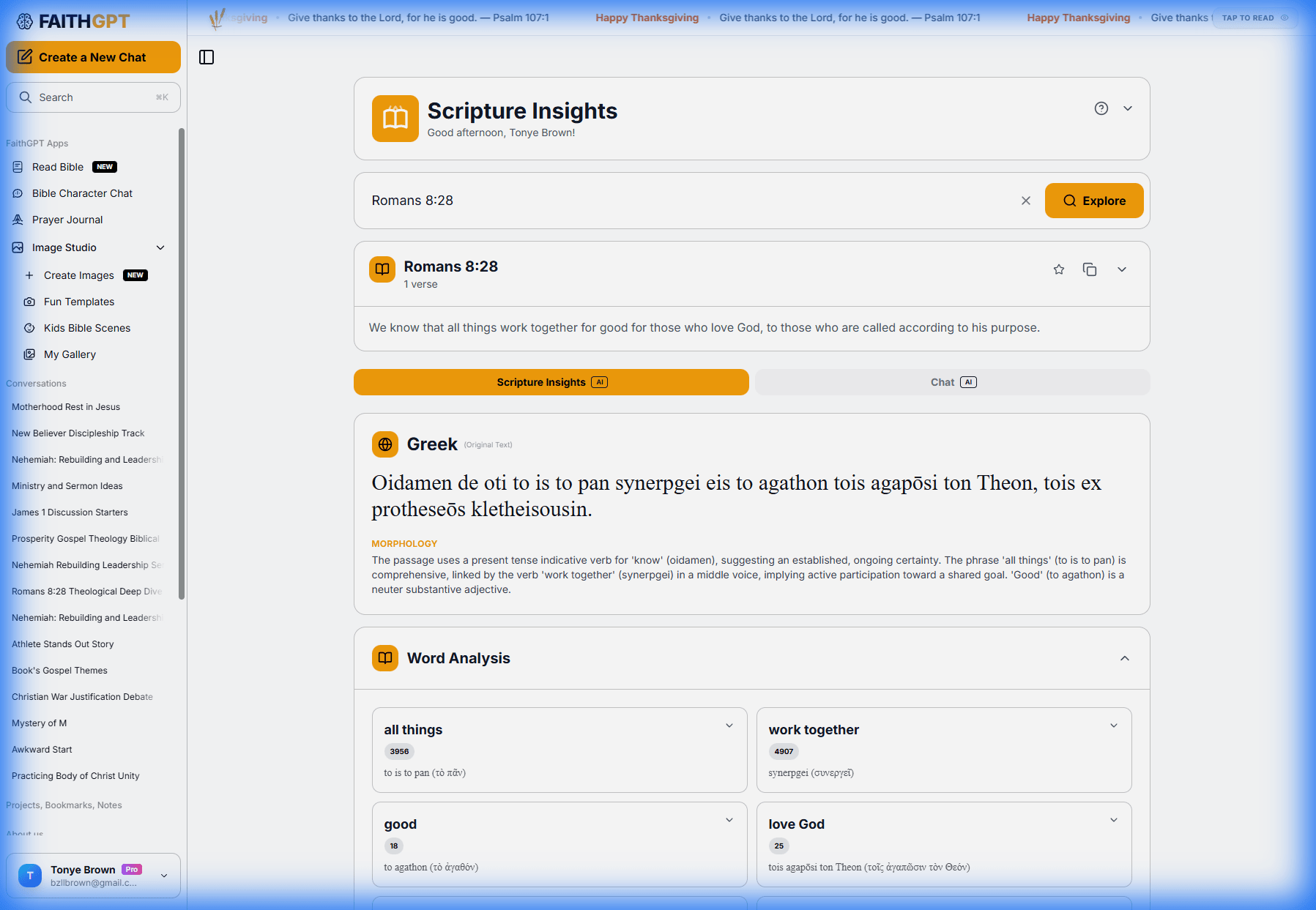 FaithGPT Scripture Insights analyzing Romans 8:28