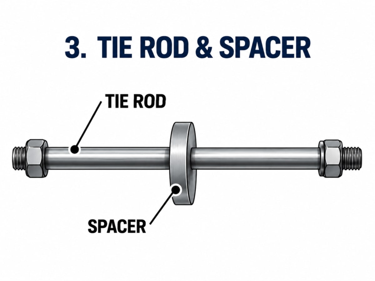Tie rod and spacer used to hold baffles in position