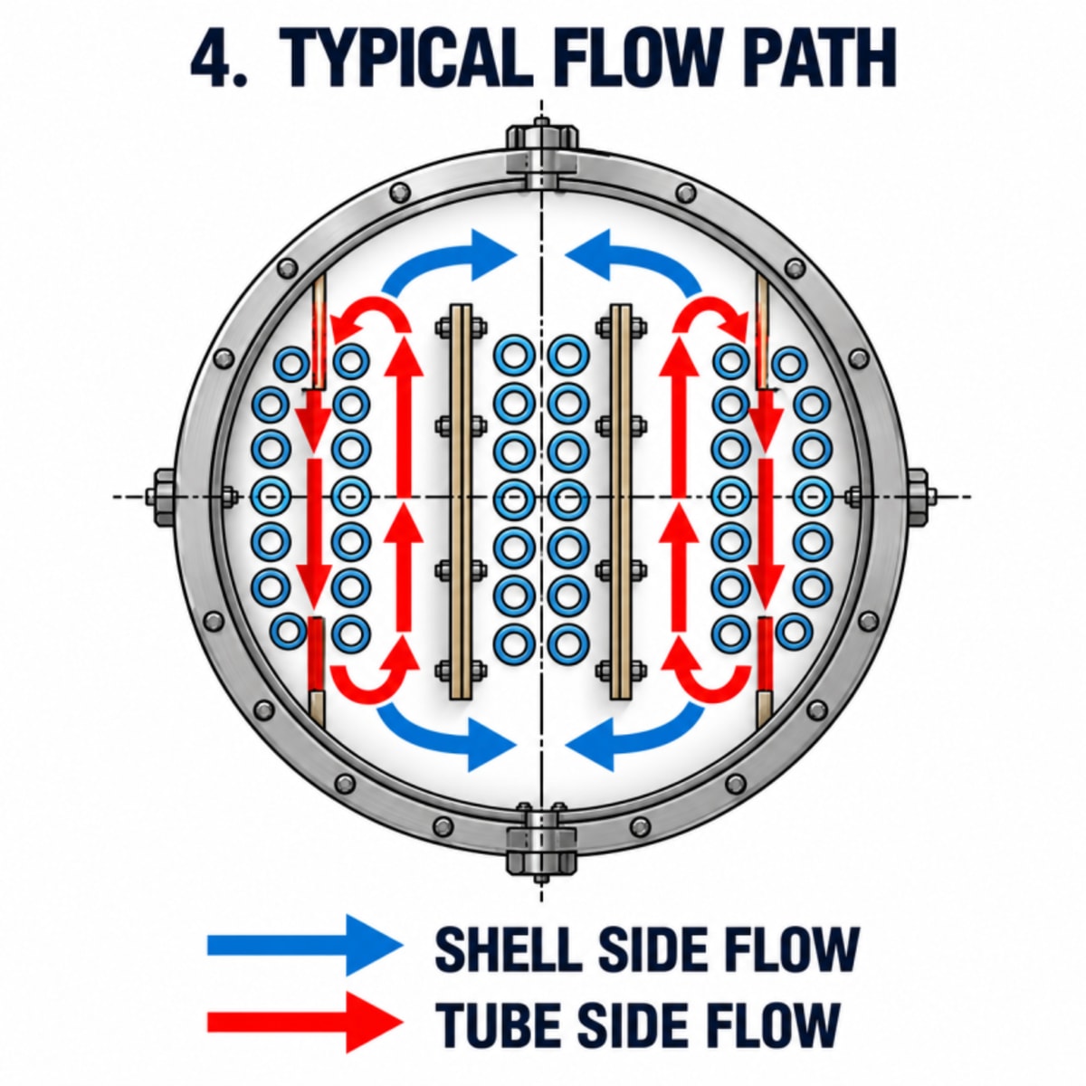 Cross section showing shell side and tube side flow paths