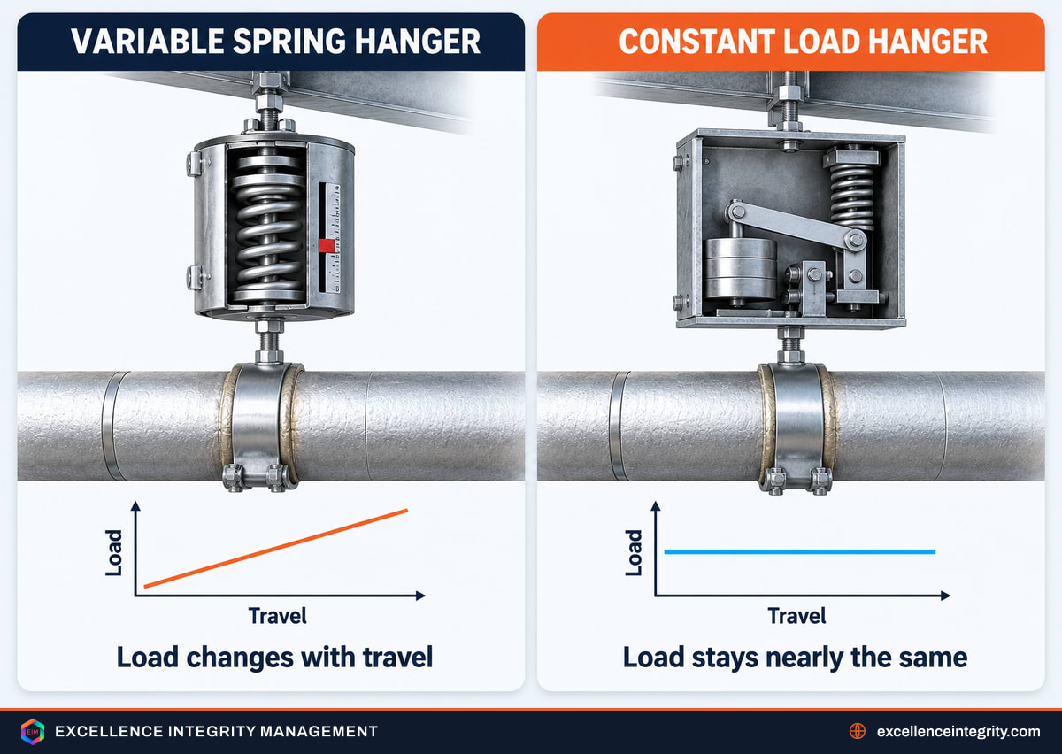 Cutaway comparison of a variable spring hanger and a constant load hanger supporting a horizontal pipe