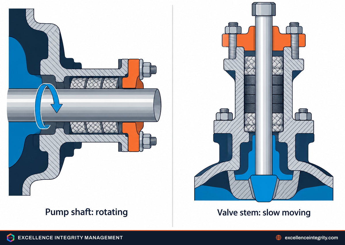 Side by side comparison of braided packing on a pump shaft and graphite packing rings on a valve stem