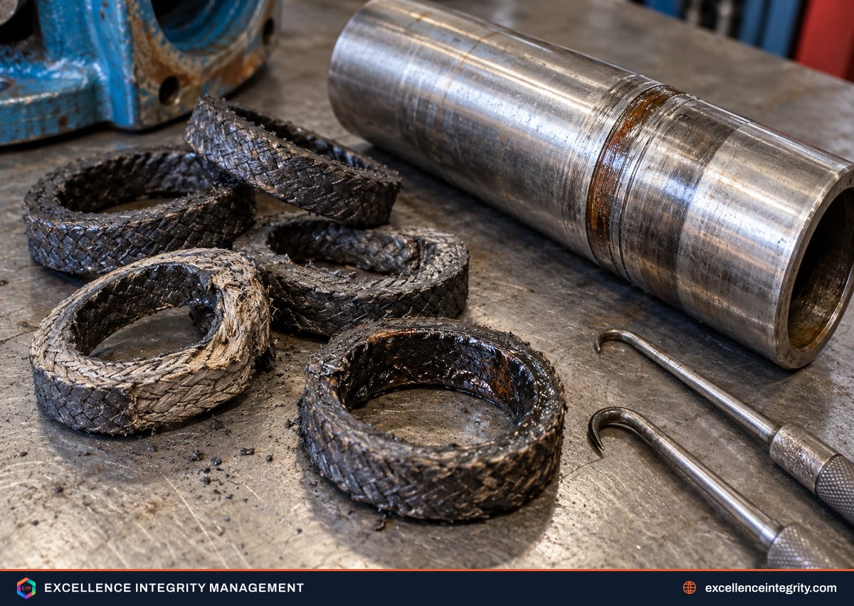 Used packing rings removed from a pump showing glazing, uneven wear and a grooved shaft sleeve
