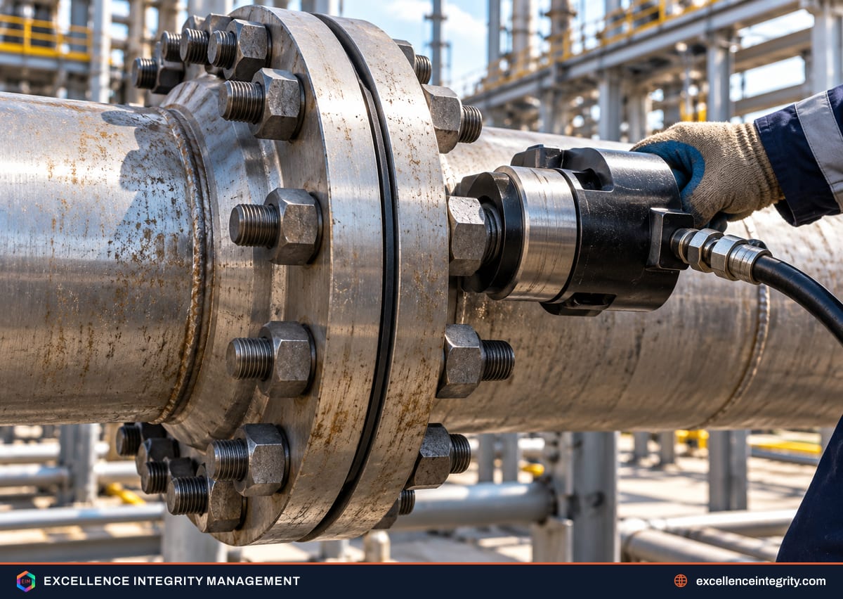 Pipe flange joint assembled with stud bolts and a nut on each end