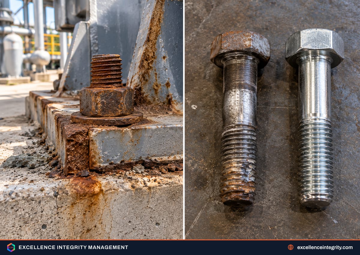 Corroded anchor bolt at a concrete foundation and a stretched bolt with damaged threads