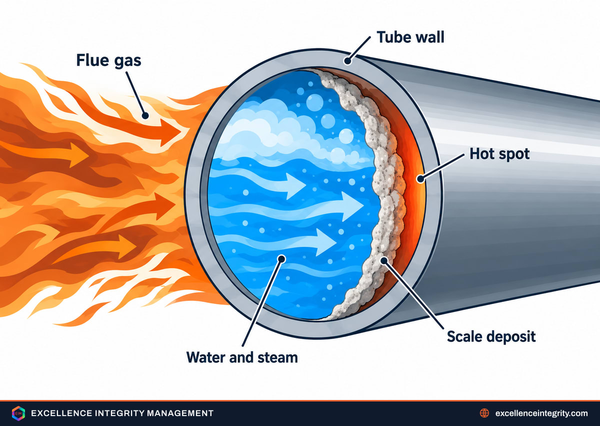 Diagram of a water-tube boiler wall tube showing flue gas on the outside and water and steam inside, with scale insulating the inner wall