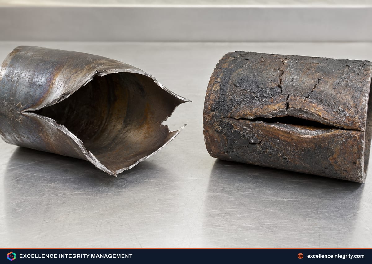 Side by side close-ups of a thin-lipped fish-mouth overheating rupture and a thick-lipped creep rupture in boiler tubes