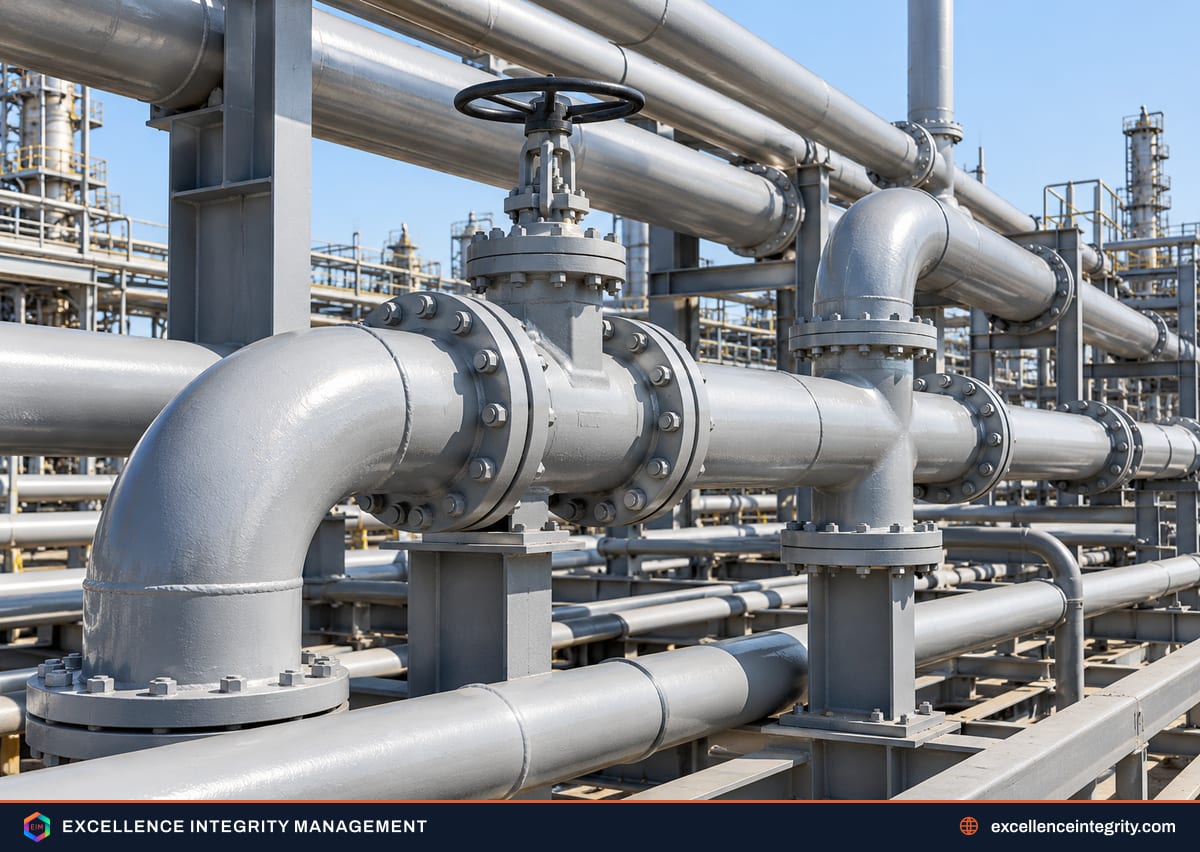 Carbon steel process piping on a refinery pipe rack with valves, flanges and elbows