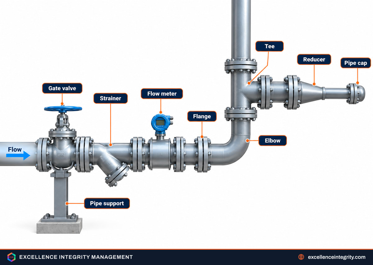Labelled diagram of a pipe run with a gate valve, strainer, flow meter, flange, elbow, tee, reducer and cap