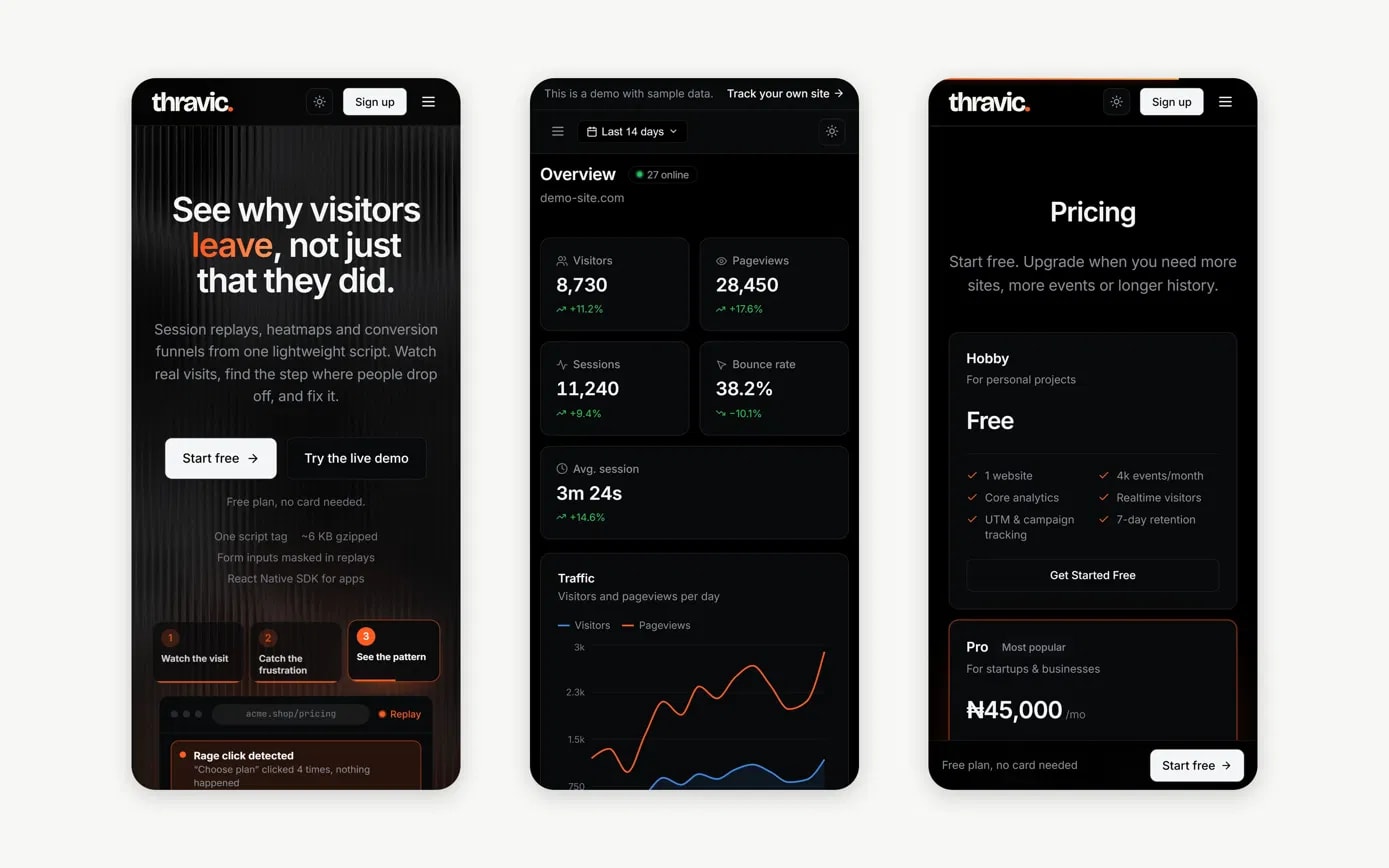 mobile.webp: Three phone screens side by side: the home page, the demo dashboard and the pricing plans