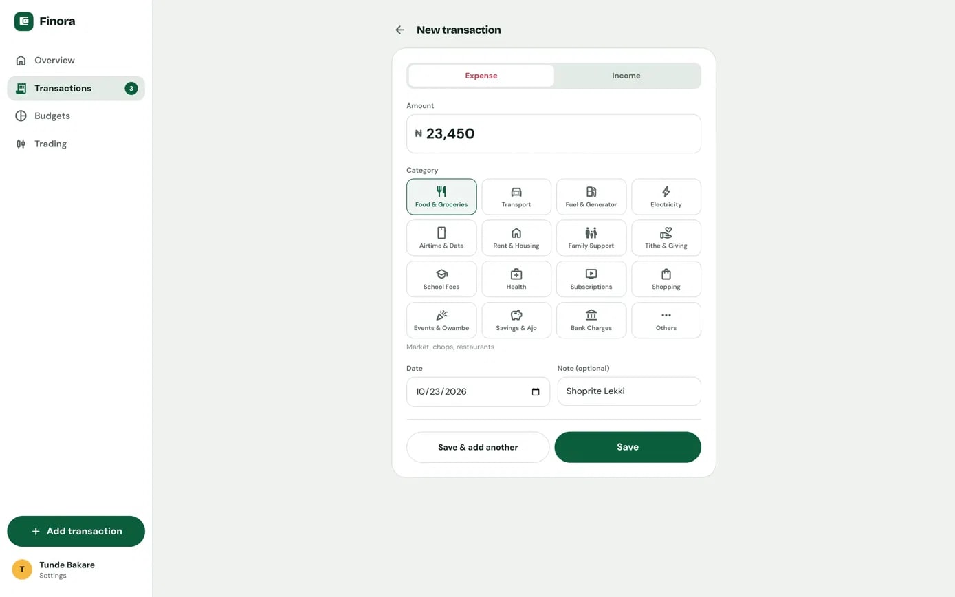 Adding an expense: amount in naira, a grid of local spending categories, date and a note