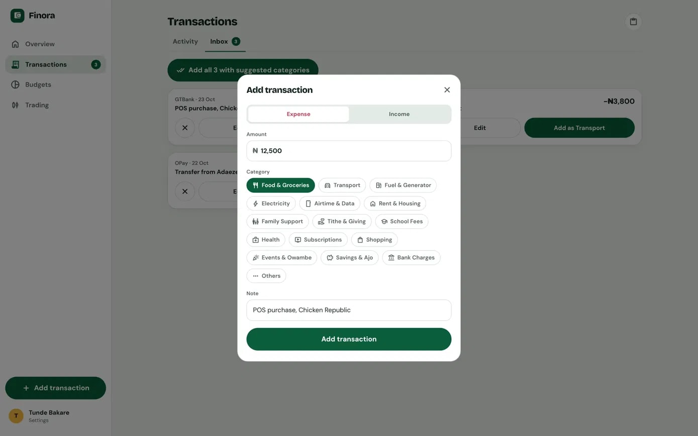 A forwarded bank alert being checked before it is added, with the suggested category picked