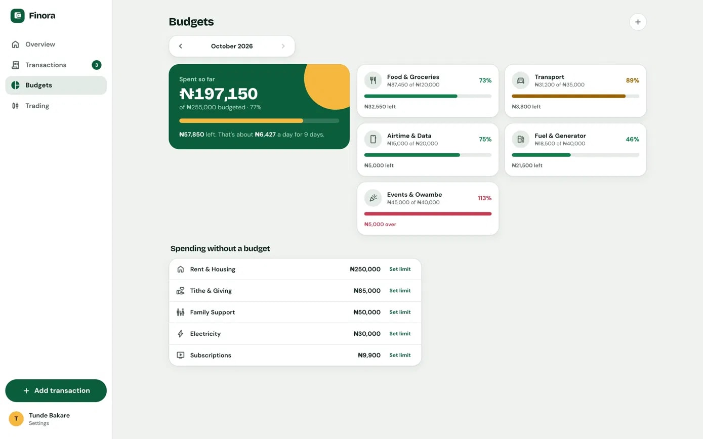 Monthly budgets showing what is left in each category and how much can be spent per day.