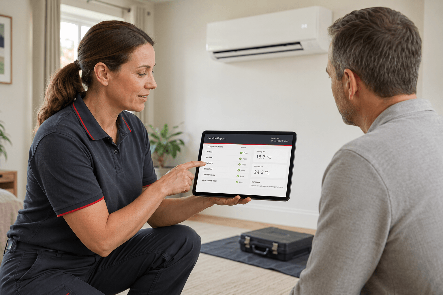Air conditioning engineer explaining a service report to a customer