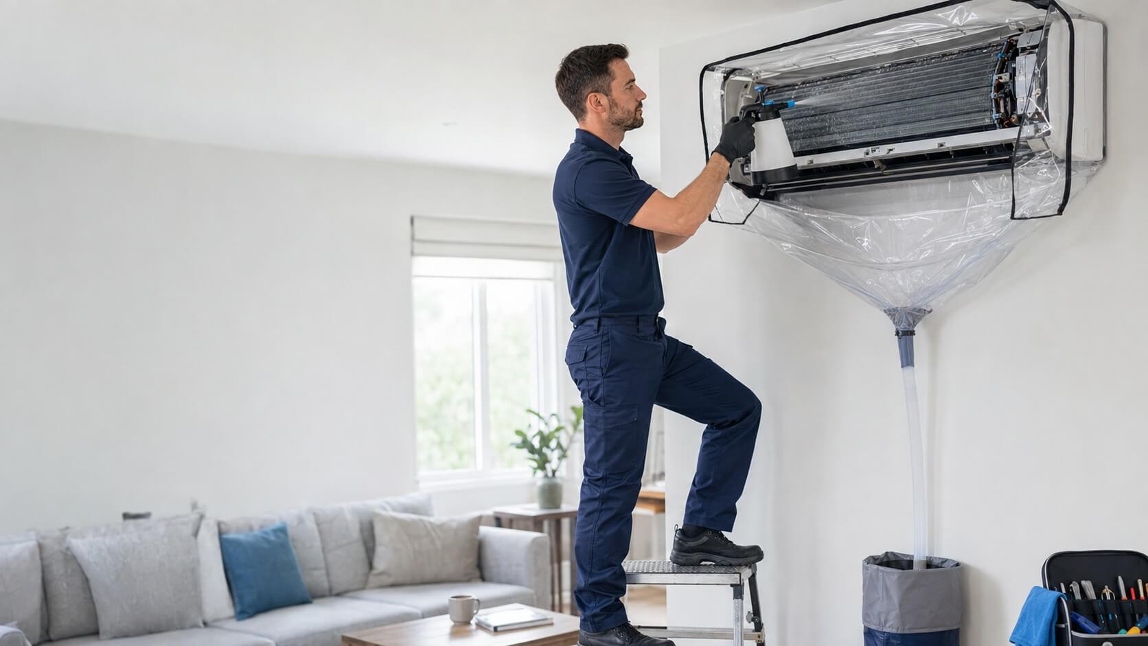 Technician inspecting and cleaning a split-system air conditioning unit