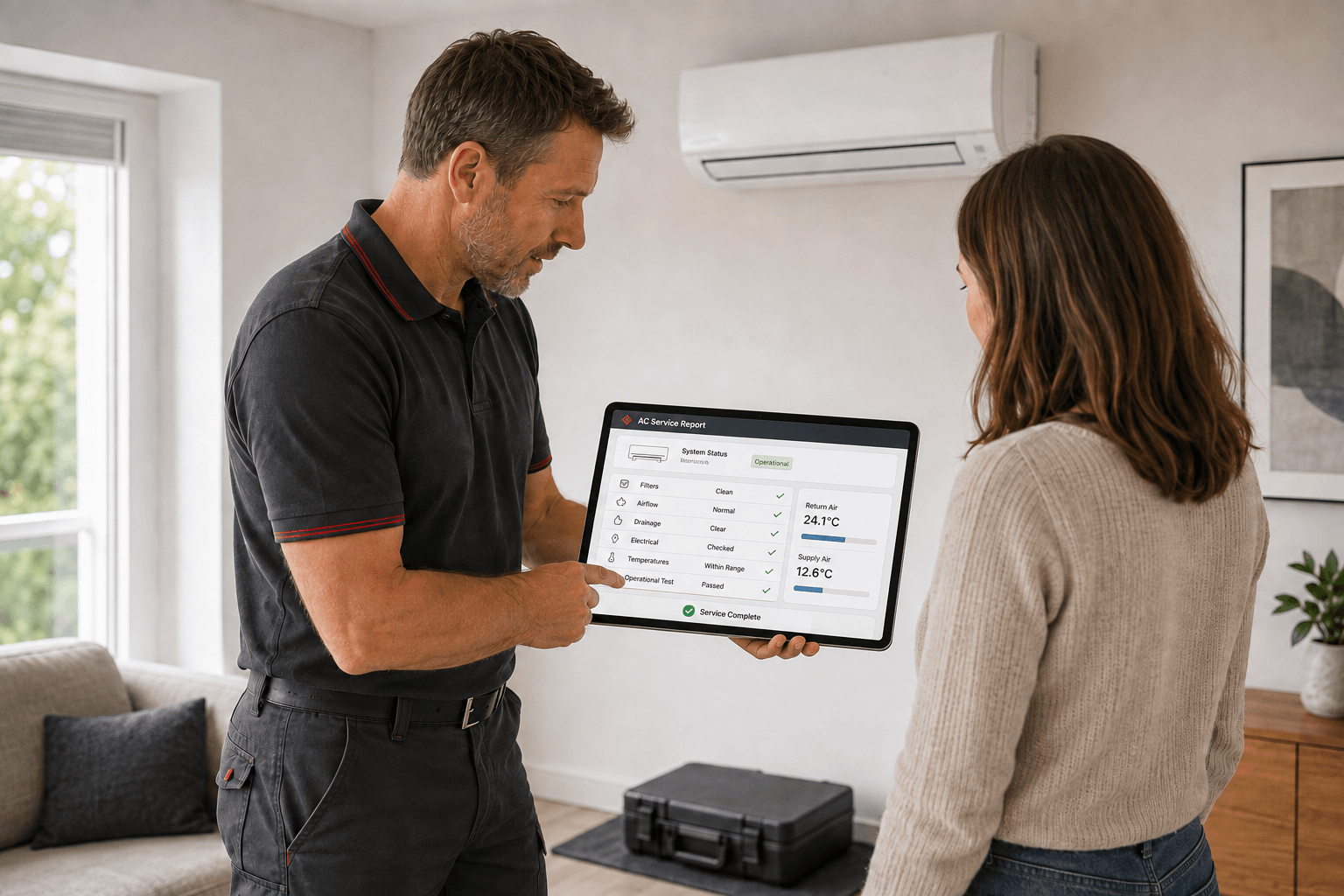 Air conditioning engineer reviewing a service report with a customer