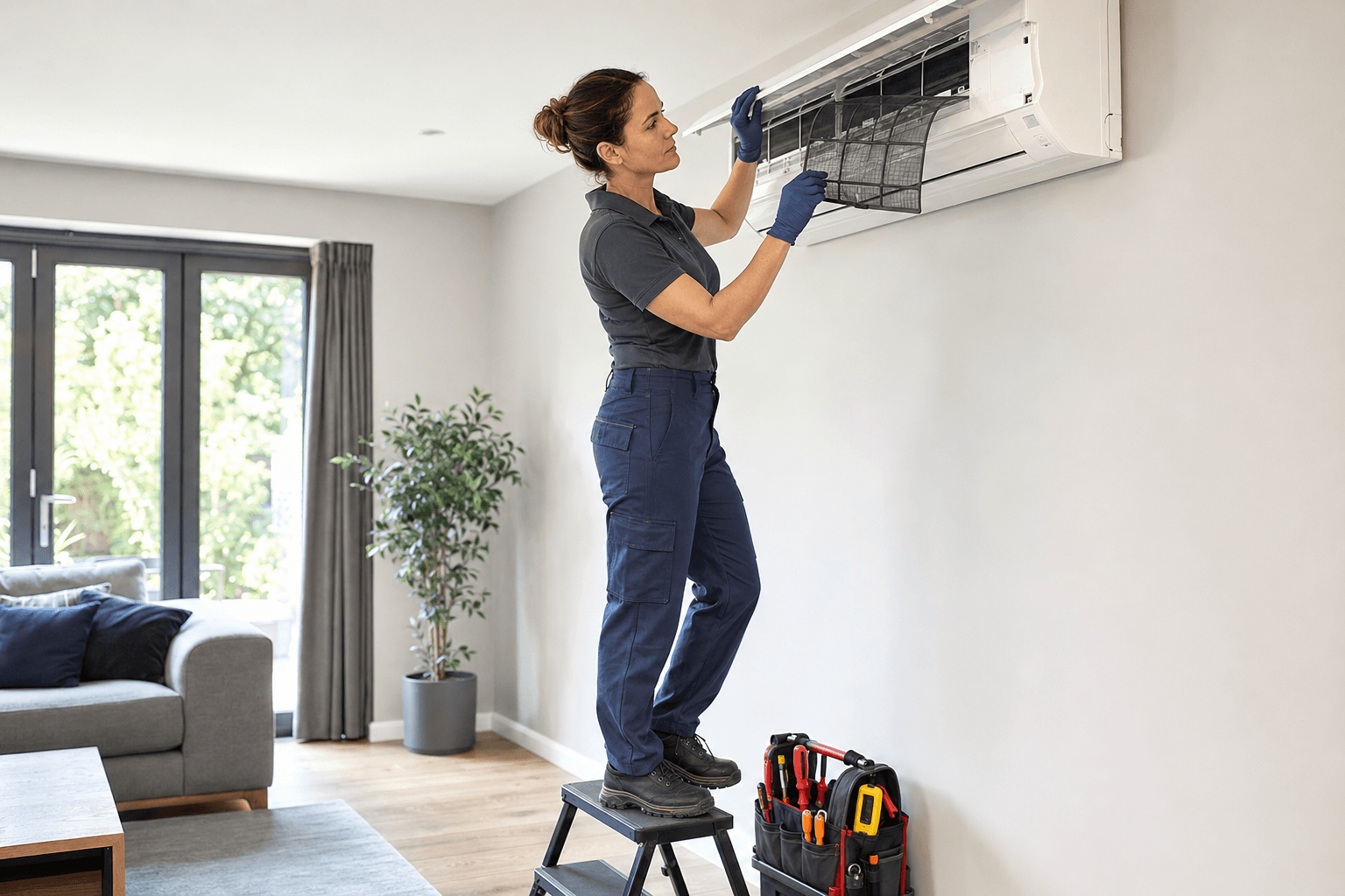 Technician using diagnostic equipment on a split-system air conditioning unit