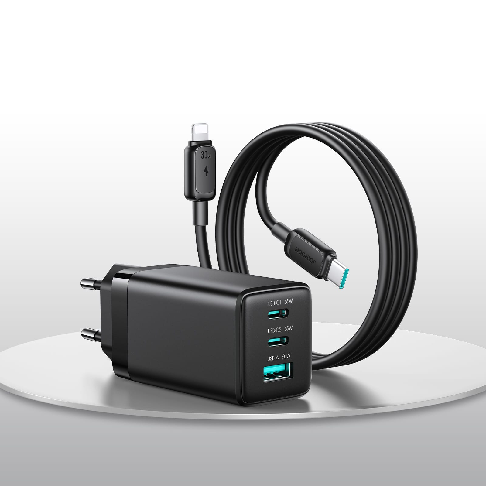 JR-TG10 65W GaN цэнэглэгч (EU) + Type-C–Type-C 100W кабель - Хар
