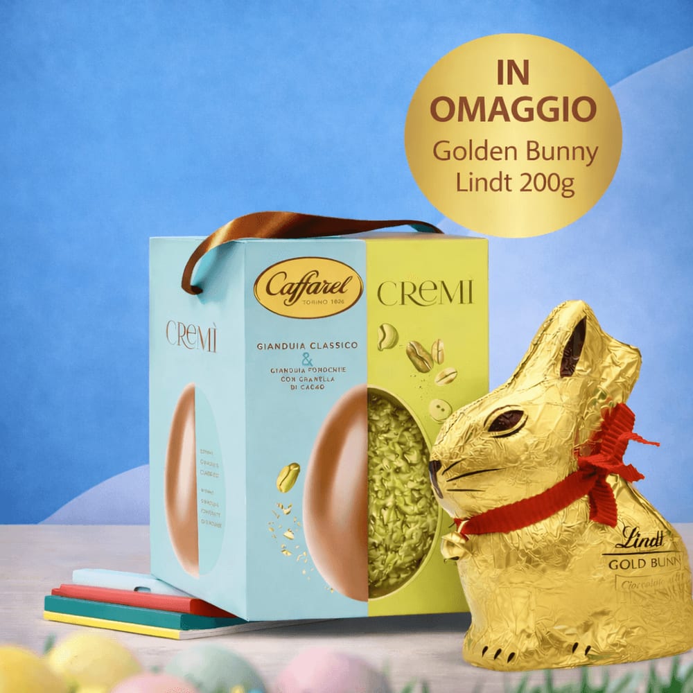 Uovo Cremì gianduia classico e crema al pistacchio con granella di pistacchio + OMAGGIO gold bunny 200gr
