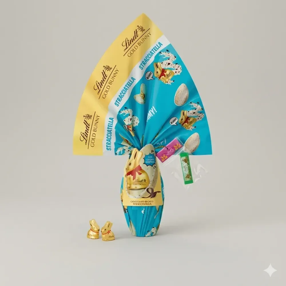 Uovo Lindt gold bunny cioccolato bianco e stracciatella con doppia sorpresa
