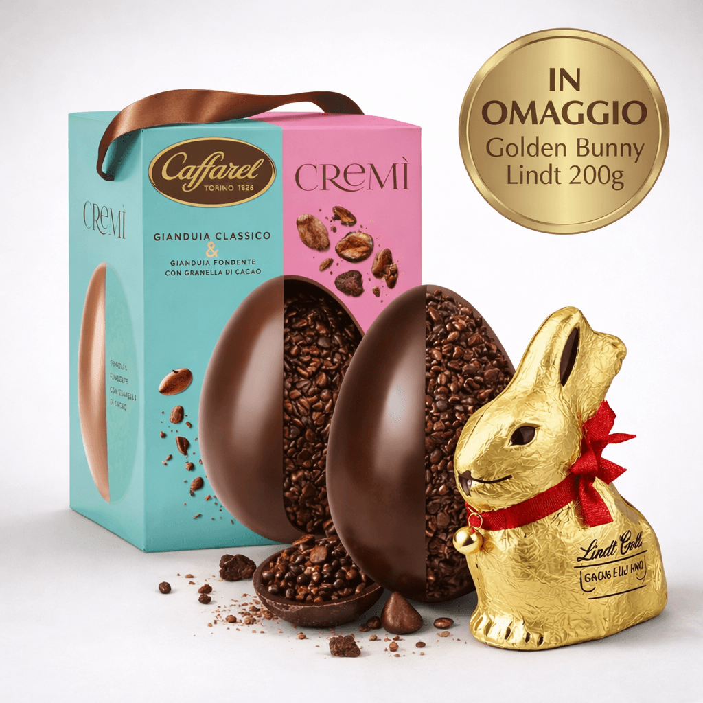 Uovo Cremì gianduia classico e gianduia fondente con granella di cacao + OMAGGIO gold bunny 200gr