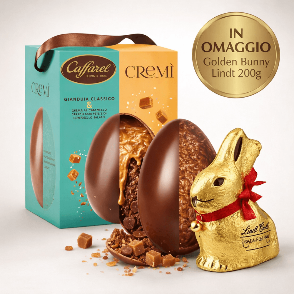 Uovo Cremì gianduia classico e crema al caramello salato con pepite di caramello salato + OMAGGIO gold bunny 200gr