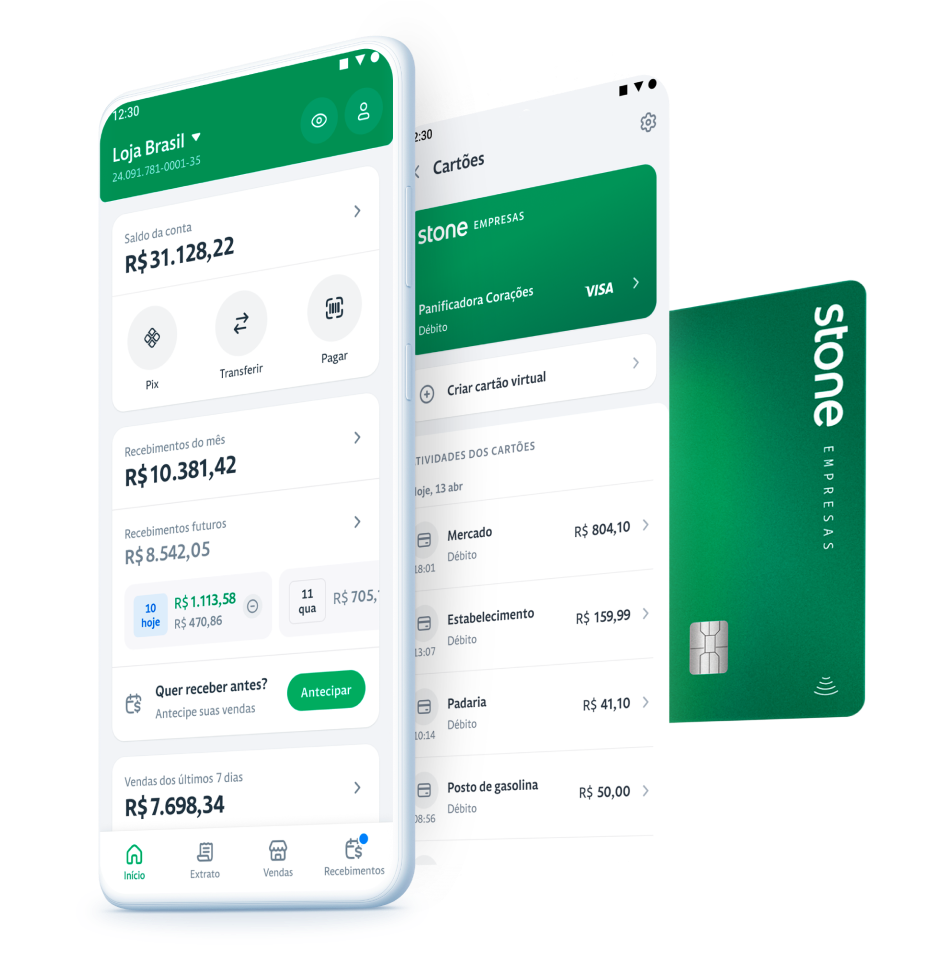 Apicativo Conta PJ Stone sendo usado em smatphone. Ao fundo o cartão Stone