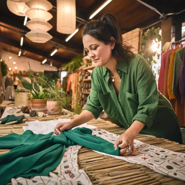 Empreendedora em sua loja de roupas. Está apoiada em seu balcão dobrando uma roupa na cor verde. Atrás dela, algumas araras com roupas e vasos de plantas de decoração.