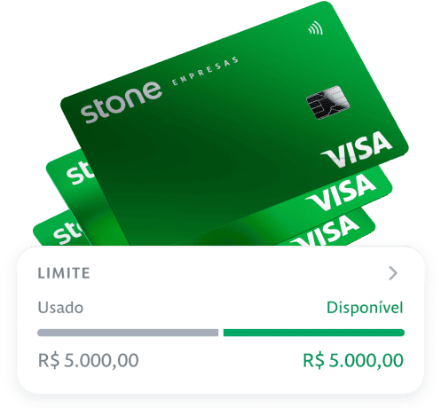 Três cartões Stone com bandeira da Visa. E um bloco de Limite e uma barra de usado e disponível e ambos mostrando R$5.000. 