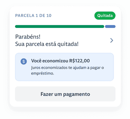 Informação parabenizando o empreendedor(a) sobre a parcela quitada. Além de sinalizar o quanto ele(a) economizou e mais abaixo um botão para realizar o pagamento. 