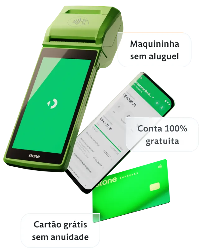 Maquininha de Cartão com um balãozinho apontando "Maquininha sem aluguel", celular com o app da Stone com balãozinho apontando "Conta 100% gratuita" e um cartão Stone com balãozinho apontando "Cartão grátis sem anuidade"