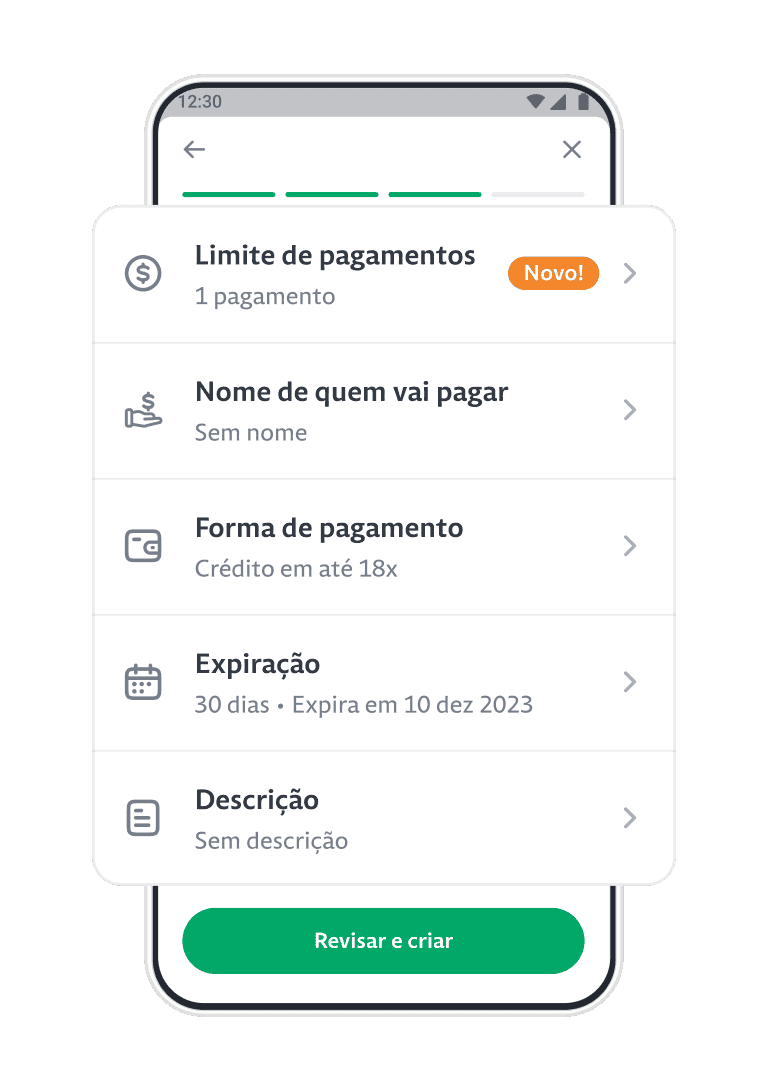 Celular com o aplicativo da Stone aberto com destaque para Link de pagamentos, Nome de quem vai pagar, Forma de pagamento, Expiração e Descrição.