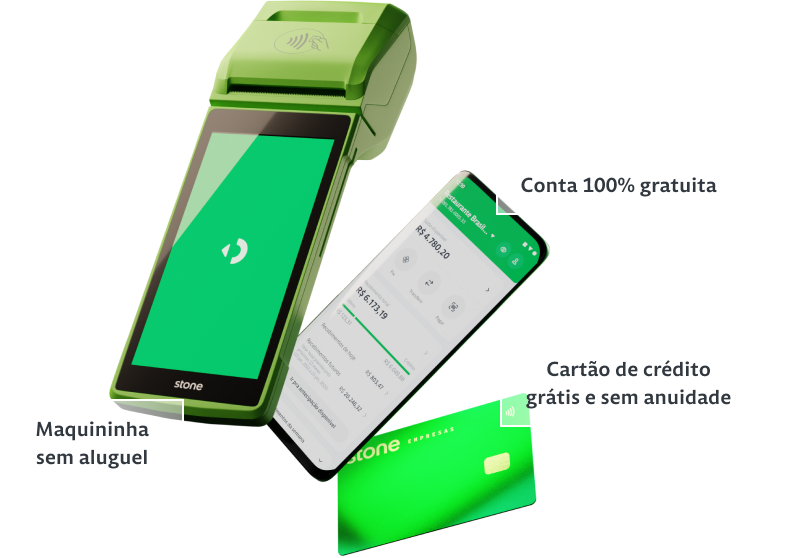 Maquininha de Cartão com um balãozinho apontando "Maquininha sem aluguel", celular com o app da Stone com balãozinho apontando "Conta 100% gratuita" e um cartão Stone com balãozinho apontando "Cartão grátis sem anuidade"