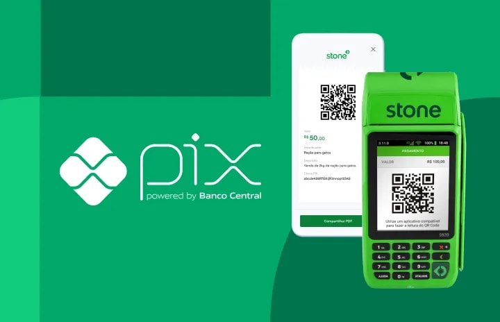 Logo grande do Pix e na frente uma Máquina de Cartão Stone e Celular com App Stone