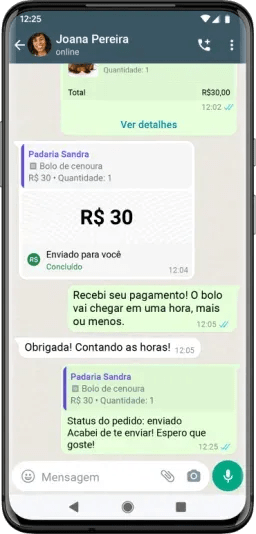 Celular com o a conversa da Joana Pereira aberta com a confirmação do pagamento do Bolo.