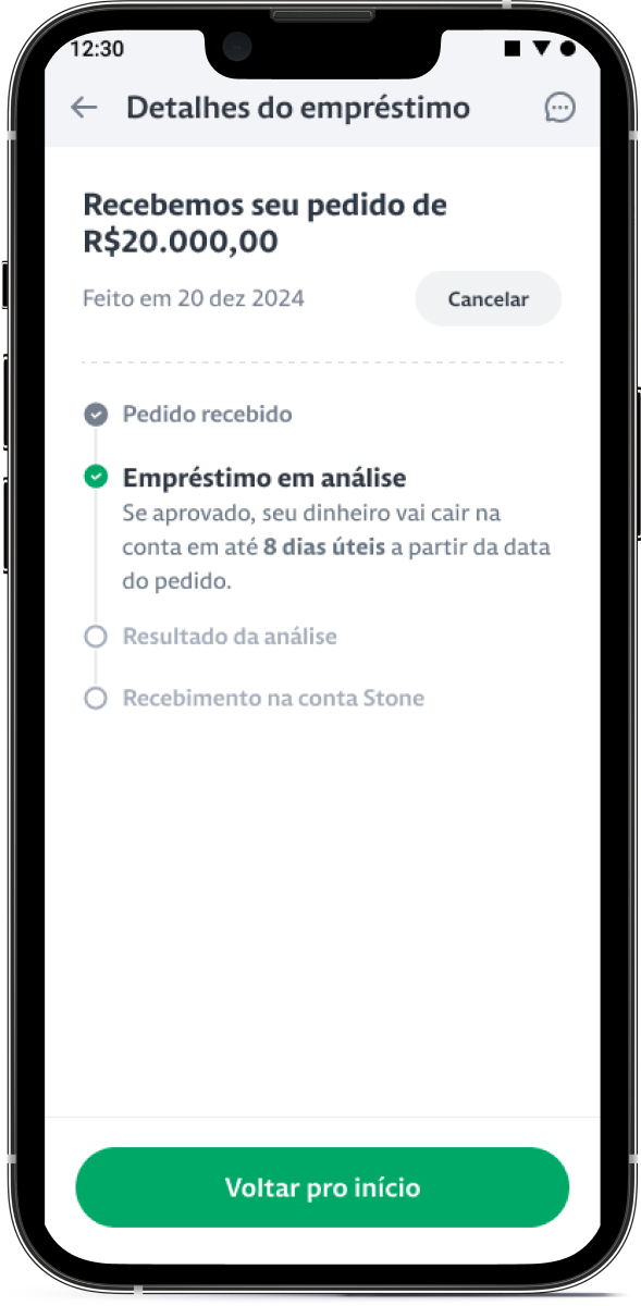 Celular com o aplicativo Stone aberto na aba de acompanhamento