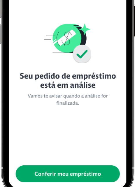 Celular com o app Stone aberto na aba do pedido de empréstimo em análise após a inserção do PIN