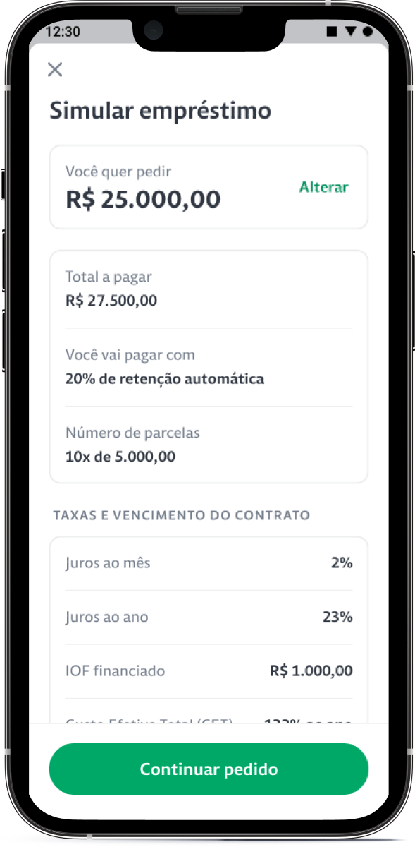 Celular com o aplicativo Stone aberto na aba de simular proposta e revisar o pedido