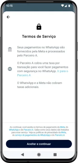 Celular com o Whatapp Business aberto com os termos de serviço.