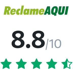 Logo Reclame Aqui com Nota de 8.8/10 e 5 estrelas, porém, preenchidas 4,5.