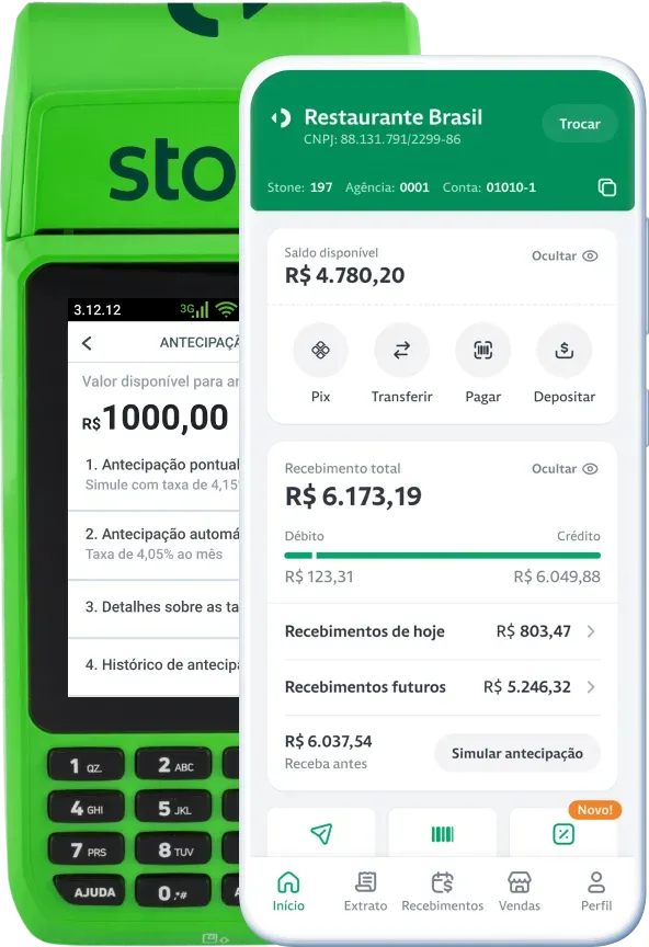 Máquina de Cartão Stone e celular com aplicativo Stone