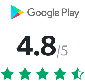 Logo Google Play com Nota de 4.8/5 e 5 estrelas, porém, preenchidas 4,5.
