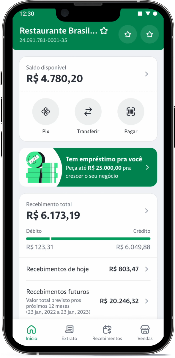 Celular com o aplicativo Stone aberto na aba de Empréstimo